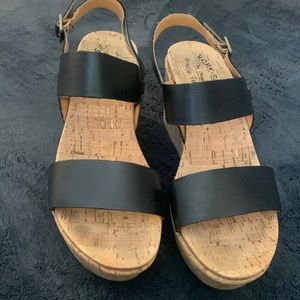 black leather strap wedges. Great condition